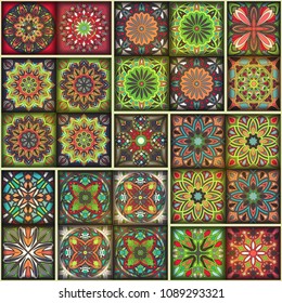 Seamless pattern with decorative mandalas. Vintage mandala elements. Colorful patchwork