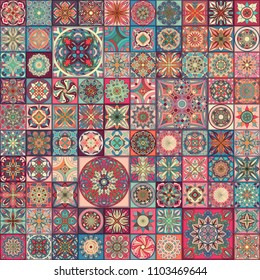 Seamless pattern with decorative mandalas. Vintage mandala elements. Colorful patchwork