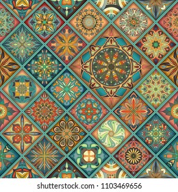 Seamless pattern with decorative mandalas. Vintage mandala elements. Colorful patchwork