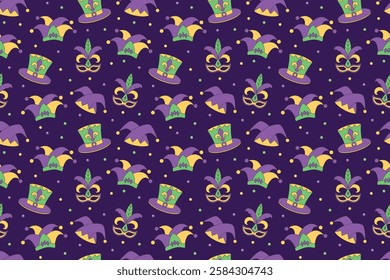 Seamless pattern with decorative Mardi Gras hats and masks with royal and jester styles. Cartoon jester and king hats for Mardi Gras party theme