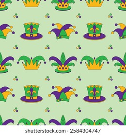 Seamless pattern Decorative Mardi Gras hats with royal and jester styles. Cartoon jester and king hats for Mardi Gras party theme