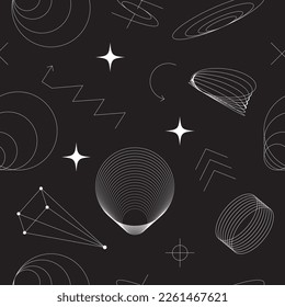 Seamless pattern with decorative minimalistic brutalist forms. Future design shapes. Abstract geometric figures. Black background with white contemporary isolated art elements. Vector futuristic