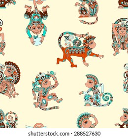 seamless pattern with decorative monkey animal, vector illustration