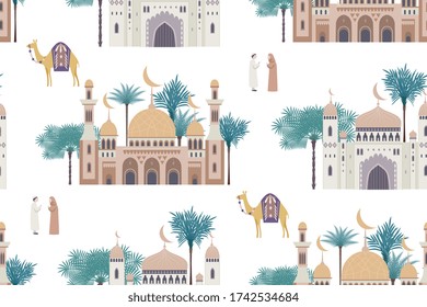 Seamless pattern with decorative mosques for holiday background
