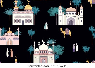 Seamless pattern with decorative mosques for holiday background