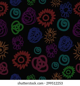 Seamless  pattern of decorative motif, doodles, scribbles, ellipses, spirals. Hand drawn.