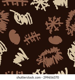 Seamless  pattern of decorative motif, doodles, stripes, spots. Hand drawn.