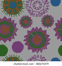 Seamless  pattern of decorative motif, doodles, stripes, stars, waves. Hand drawn.