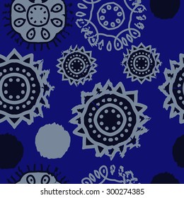 Seamless  pattern of decorative motif, doodles, stripes, stars, waves. Hand drawn.