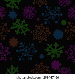 Seamless  pattern of decorative motif, doodles,snowflakes, stars, ellipses. Hand drawn, winter theme.