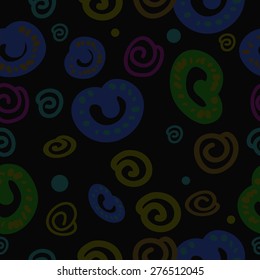 Seamless pattern of decorative motif, hole, ellipse, spirals. Handmade.