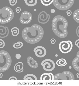 Seamless pattern of decorative motif, hole, ellipse, spirals. Handmade.