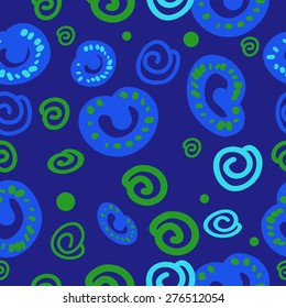 Seamless pattern of decorative motif, hole, ellipse, spirals. Handmade.