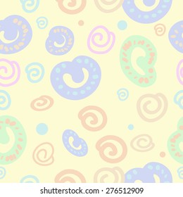 Seamless pattern of decorative motif, hole, ellipse, spirals. Handmade.