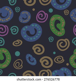 Seamless pattern of decorative motif, hole, ellipse, spirals. Handmade.