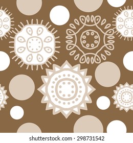 Seamless  pattern of decorative motif, stripes, spots, ellipses, zigzags. Hand drawn.
