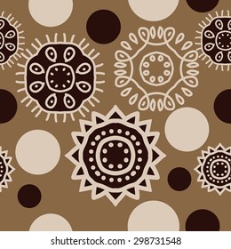 Seamless  pattern of decorative motif, stripes, spots, ellipses, zigzags. Hand drawn.
