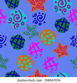 Seamless  pattern of decorative motif, stripes, spots, ellipses, spirals, stars. Hand drawn.