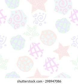 Seamless  pattern of decorative motif, stripes, spots, ellipses, spirals, stars. Hand drawn.