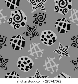 Seamless  pattern of decorative motif, stripes, spots, ellipses, spirals, stars. Hand drawn.