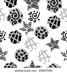 Seamless  pattern of decorative motif, stripes, spots, ellipses, spirals, stars. Hand drawn.