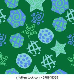 Seamless  pattern of decorative motif, stripes, spots, ellipses, spirals, stars. Hand drawn.