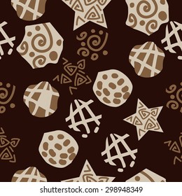 Seamless  pattern of decorative motif, stripes, spots, ellipses, spirals, stars. Hand drawn.