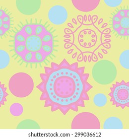 Seamless  pattern of decorative motif, stripes, spots, ellipses, zigzags. Hand drawn.