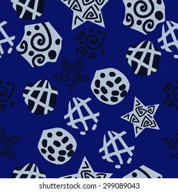 Seamless  pattern of decorative motif, stripes, spots, ellipses, spirals, stars. Hand drawn.