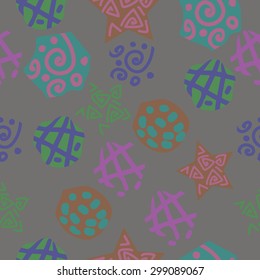 Seamless  pattern of decorative motif, stripes, spots, ellipses, spirals, stars. Hand drawn.