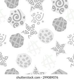 Seamless  pattern of decorative motif, stripes, spots, ellipses, spirals, stars. Hand drawn.