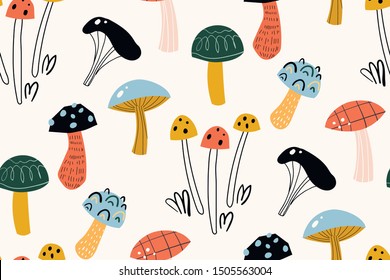 Seamless pattern with decorative mushrooms in the Scandinavian style. Perfect for kids fabric, textile, nursery wallpaper. Beautiful autumn illustration in vector. Seamless doodle pattern.