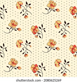 Motif harmonieux de fleurs décoratives à l'ancienne et de points de polka. Motif floral simple de brindilles avec fleurs et petites feuilles. Arrière-plan floral avec création vintage. Illustration vectorielle.