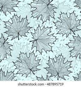 Seamless pattern with decorative openwork leaves of maple and raindrops. Autumn vector background.