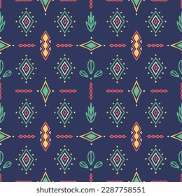 Patrón inmaculado con ornamento decorativo de hojas abstractas y elementos geométricos sobre fondo oscuro. Estilo folk mexicano. Colores verdes y rojos. Textil, papel envolvente, cubierta, papel pintado. Vector