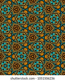 Seamless pattern with decorative ornament of blue, golden, orange, and black shades