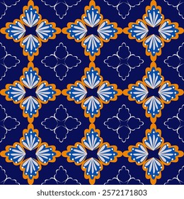 Seamless pattern with decorative ornament. Blue and orange colors. Design for ceramic pottery, tiles, sarees, and fabric clothing.