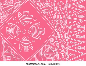 Seamless pattern with decorative ornament, doodle fishes