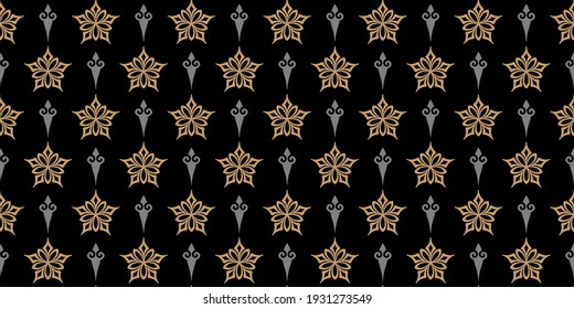 Seamless pattern with decorative ornament, gold elements on a black background. Wallpaper texture for your design. Vector graphics