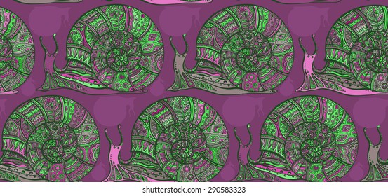 Seamless pattern with decorative ornamental beautiful snails in fantasy style