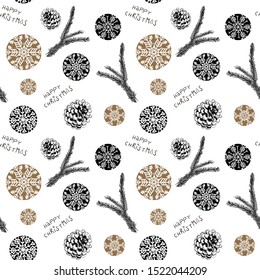 Seamless pattern with decorative ornamental black and gold baubles and branches and type hand drawn retro look- for wrapping paper