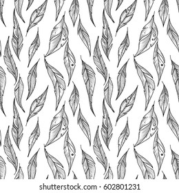 Seamless pattern with decorative ornamental ethnic hand drawn feathers. Vector texture for wallpapers, pattern fills, web page backgrounds