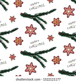 Seamless pattern with decorative ornamental gingerbread and green branches hand drawn retro look- for wrapping paper