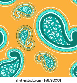 Seamless pattern with decorative ornamented elements. Green stylized cucumbers on a yellow background. Vector illustration