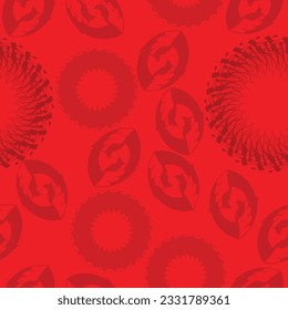 Seamless pattern with decorative ornaments; red background with beans and spinning shapes