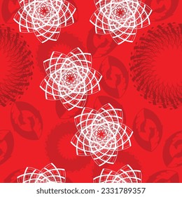 Seamless pattern with decorative ornamentsand snowflake; white star ornament splattered in red abstract background
