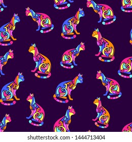 Seamless pattern with decorative ornate cute cat silhouettes. Texture for wallpapers, fabric, wrap, web page backgrounds, vector illustration