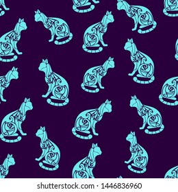 Seamless pattern with decorative ornate cute cat silhouettes. Texture for wallpapers, fabric, wrap, web page backgrounds, vector illustration