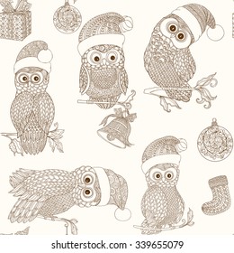 Seamless pattern with decorative owl in Santa Claus hat