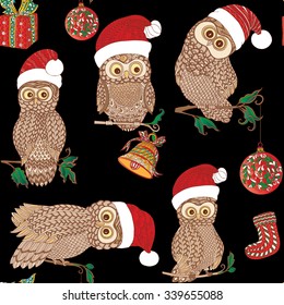 Seamless pattern with decorative owl in Santa Claus hat